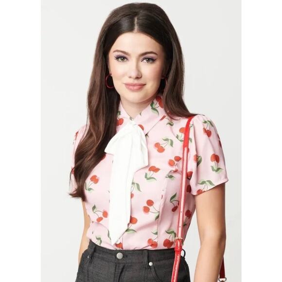 Unique Vintage Smak Parlour Pink & Cherry Power Play Blouse M 6 8 NWOT - Picture 1 of 5